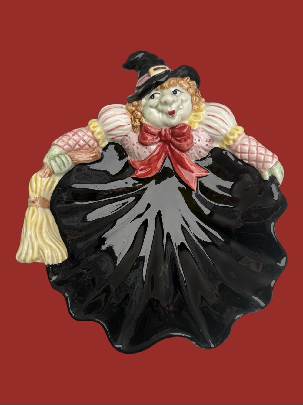 Vintage 90s Fitz and Floyd Glazed Ceramic Halloween Witch Candy Trinket Dish